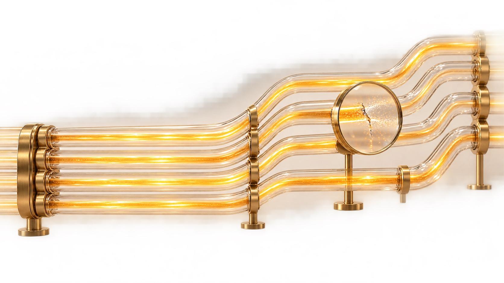 Parallel clear glass pipes carrying glowing gold light, held by brass clamps on short stands, with a round brass-framed lens in front of one pipe magnifying a small crack.