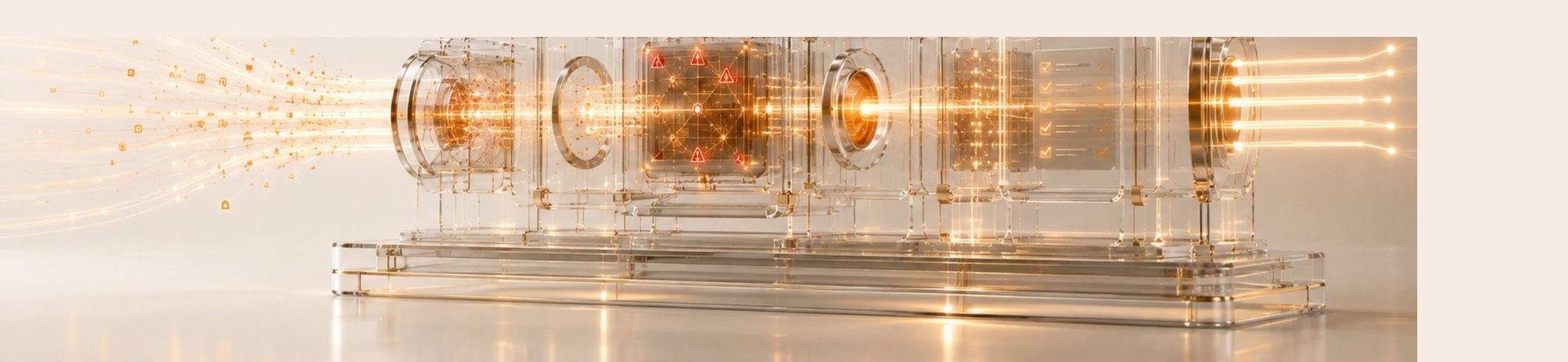 A row of transparent glass diagnostic chambers on a lit base, with scattered points of light entering from the left and resolving into ordered glowing cores.