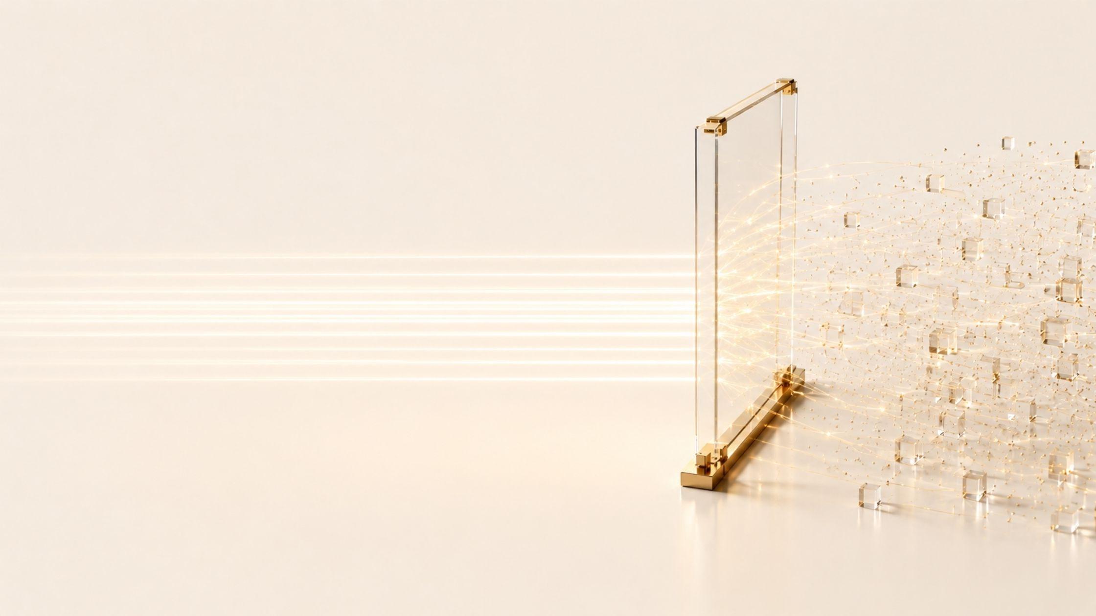 A thick glass threshold in a bright void. One tall aperture is filled with warm gold light and the panels beside it are dark and inert. A stream of small glass tokens collects against the face of the glass, and a thin ribbon of them passes through the lit opening.