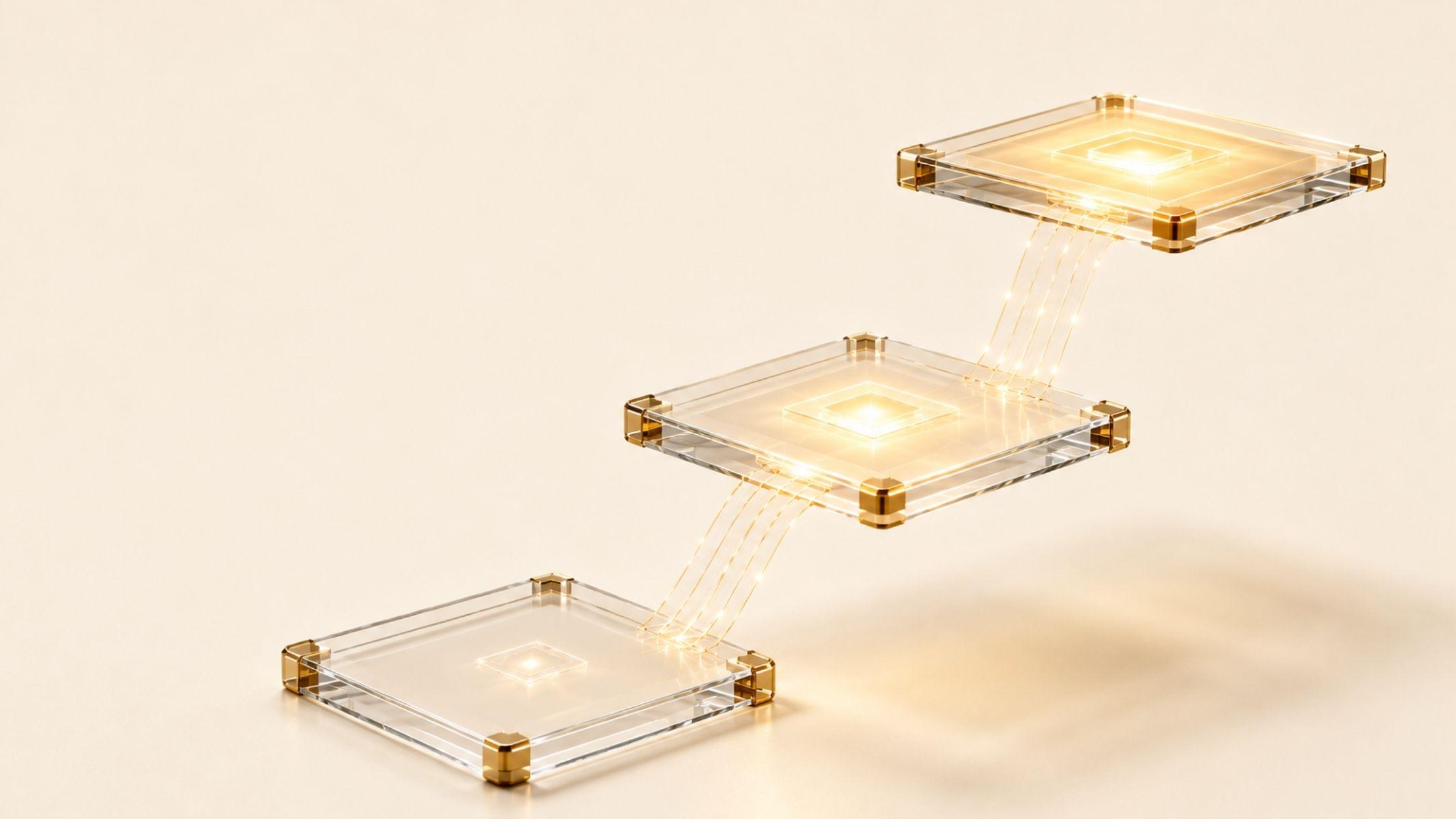 Three horizontal glass platforms rising as steps from lower left to upper right. The lowest is barely lit, the middle glows more strongly, and the highest is filled with warm gold light. Fine gold threads connect each platform to the next.