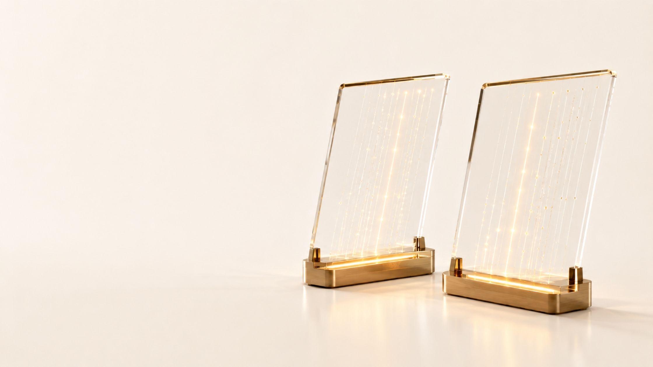 Two upright glass panels standing side by side, one lit with steady warm gold and the other in a cooler, paler tone and a few degrees out of parallel with it. A thin bright thread of light runs between them where they come closest.
