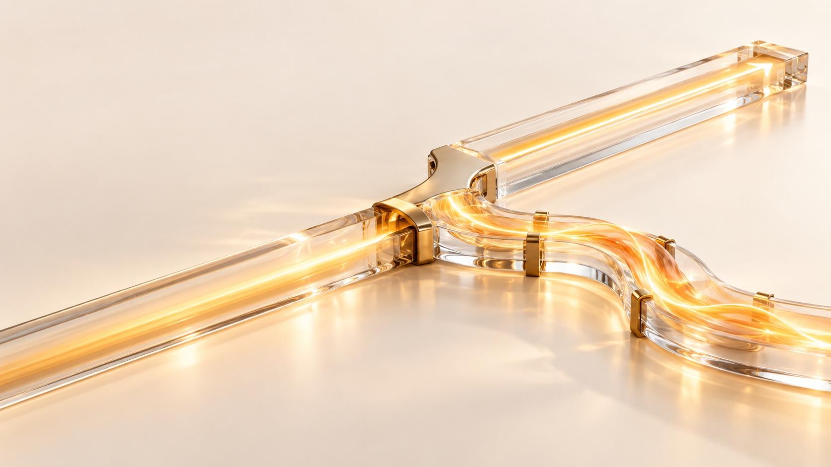 A clear glass channel carrying warm gold light splits at a brass junction on a pale cream surface, one branch running straight and the other curving in gentle waves, held by small brass clamps.