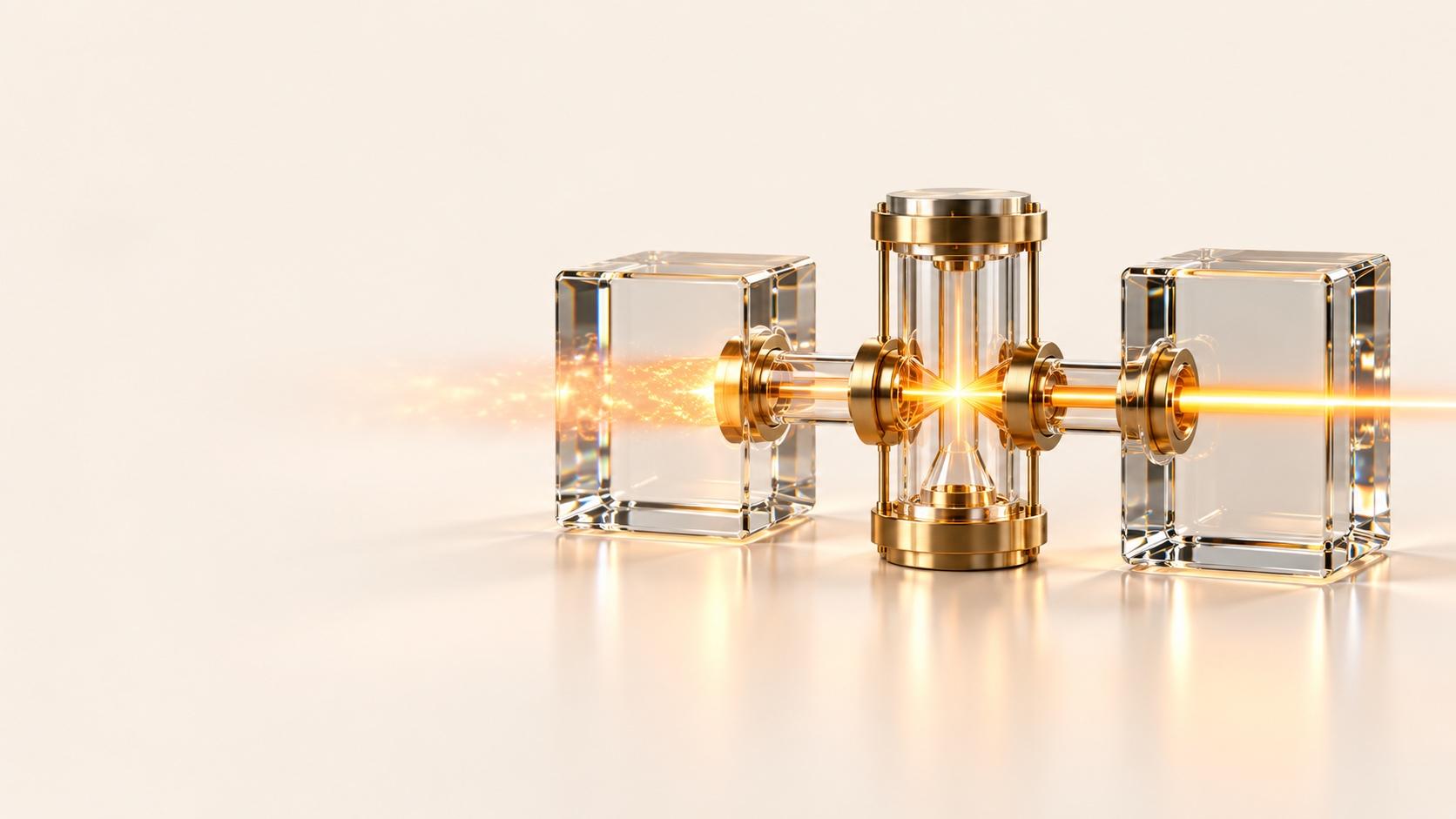 Two clear glass blocks flank a vertical cylindrical glass chamber with brass fittings, connected by glass tubes carrying a concentrated beam of gold light across a cream surface.