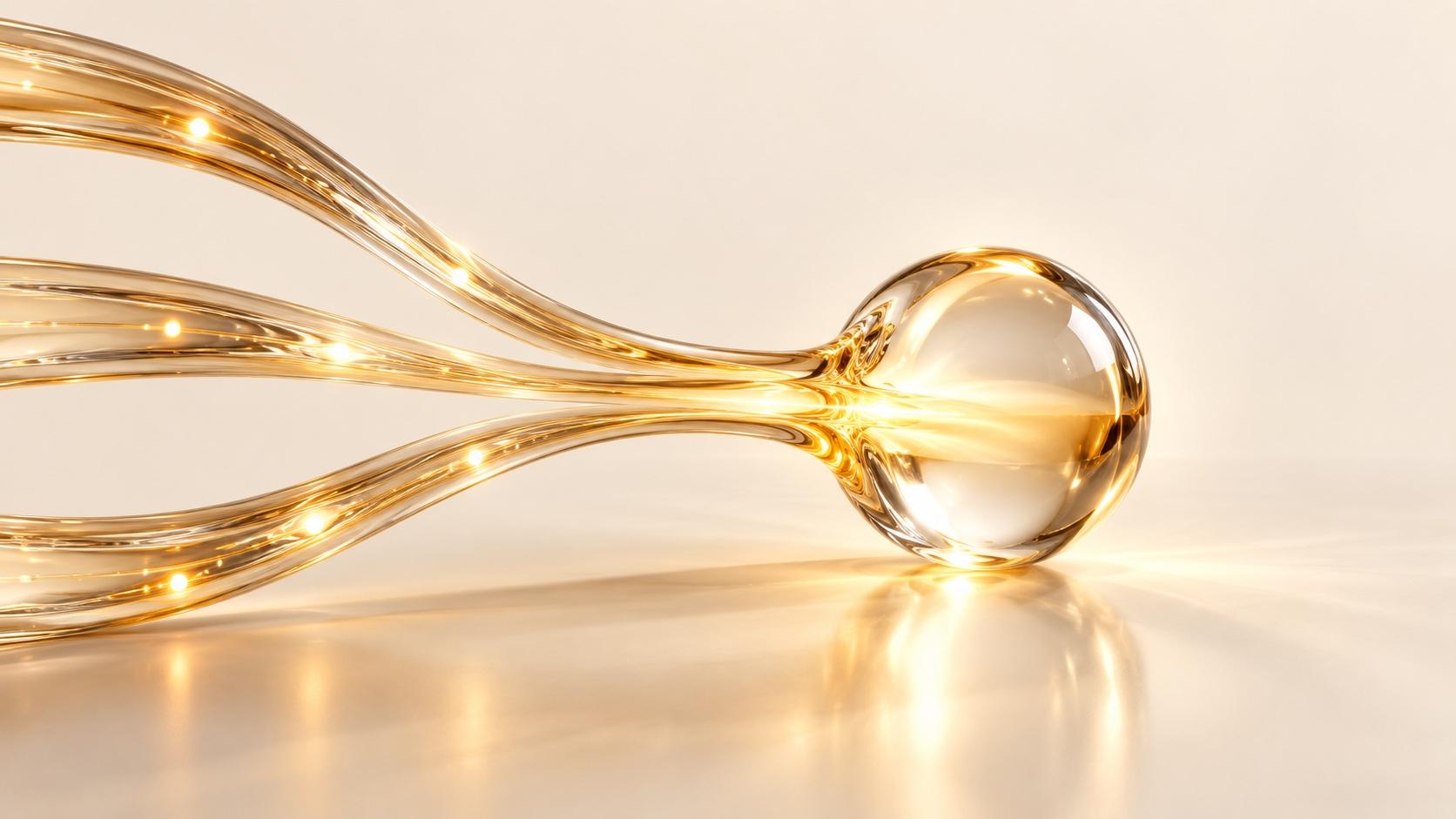 Three translucent glass threads carrying warm gold light converge into a single clear glass sphere on a pale cream surface.
