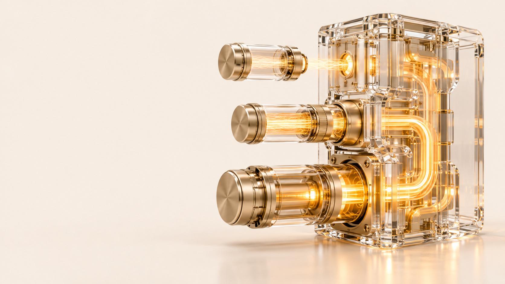 Transparent rectangular mechanism with three horizontal glass cylinders and golden metal ends, connected by glowing gold channels on a cream surface.