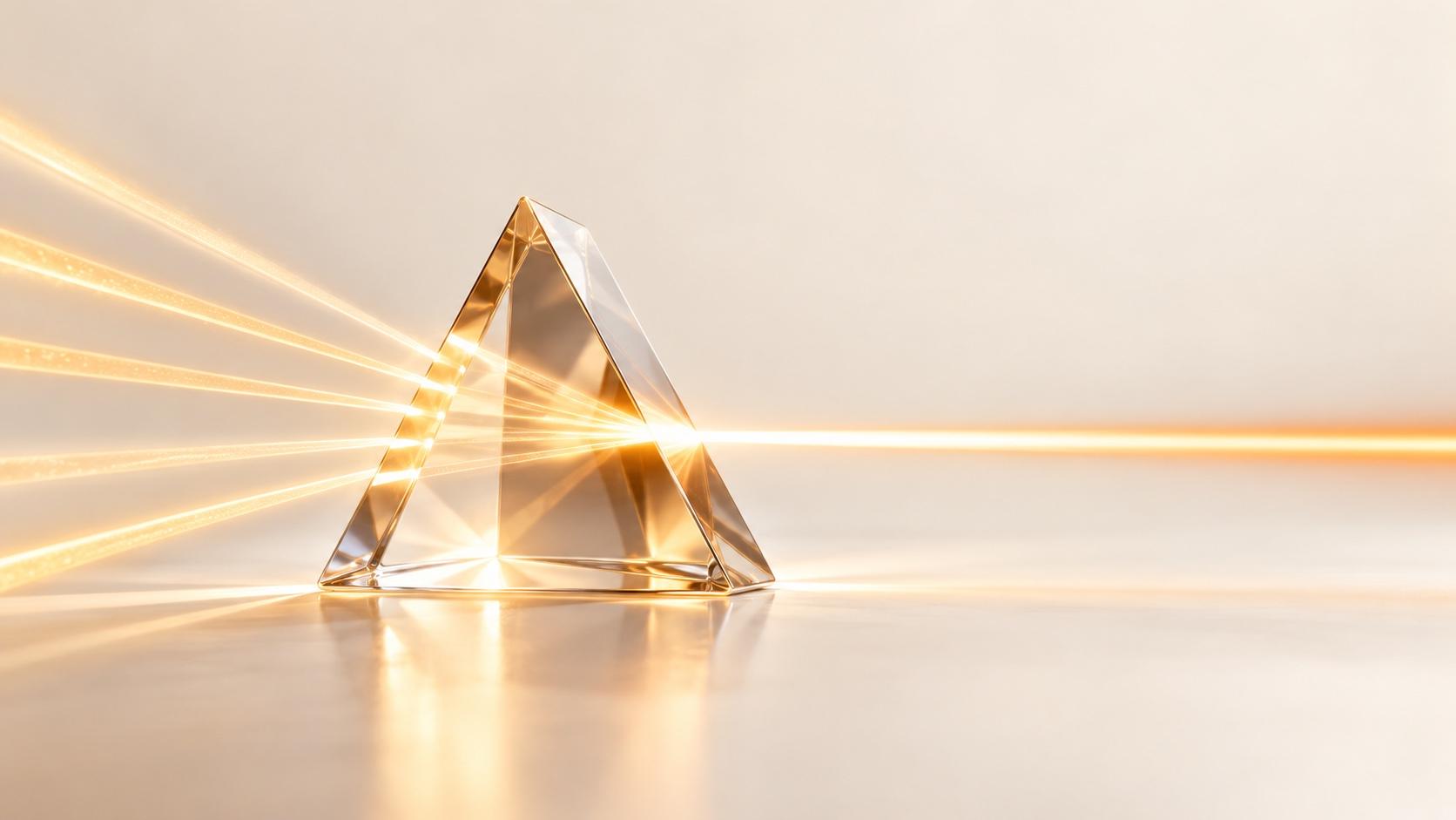 A clear triangular glass prism on a pale cream surface, with several warm gold beams entering from the left and leaving the right side as one bright, focused beam.