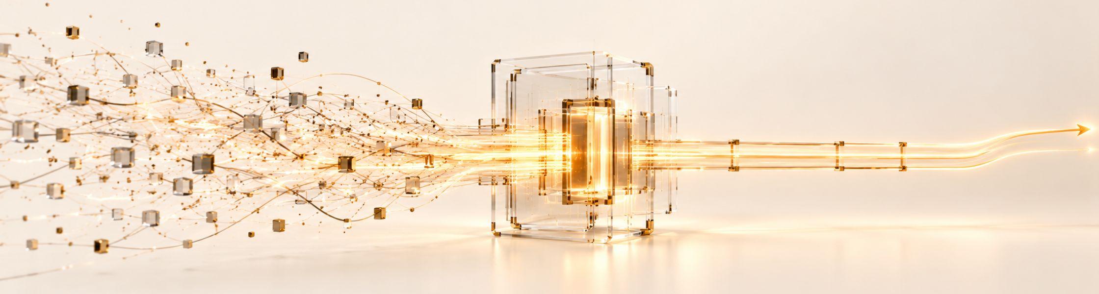 Scattered signals entering a glass diagnostic chamber and leaving it as one clear path.